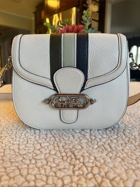 Coach Pebbled Leather Crossbody Saddle Bag in White with Striped Accent